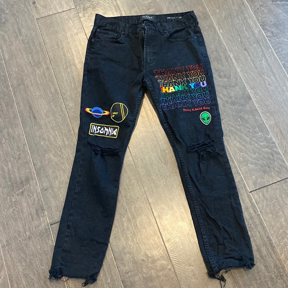 PacSun Mens Black Distressed Jeans with Colorful Patches 32x30
